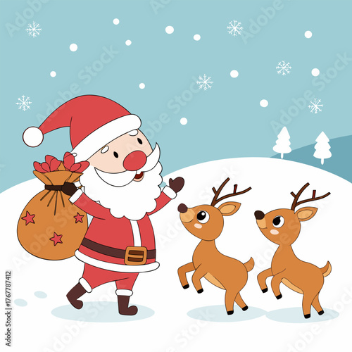Festive santa and reindeer delivering a gift illustration