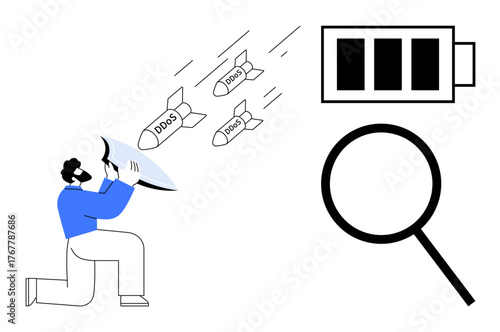 Man wearing blue blocks DDoS attacks with shield as battery icon and magnifying glass highlight monitoring, energy, data protection. Ideal for cybersecurity, IT, digital threats, analysis, security