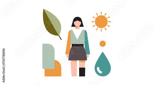 Woman with leaf sun and water drop representing nature and environment.