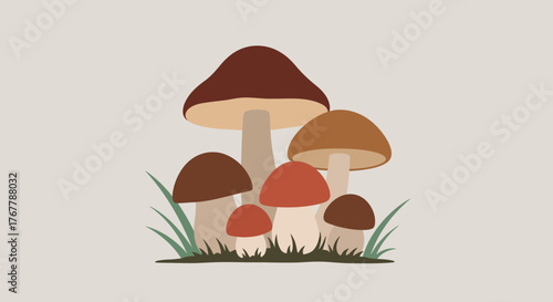 A charming illustration of a family of forest mushrooms.