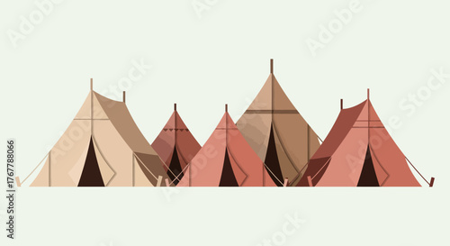 A collection of diverse canvas tents set up in a row.