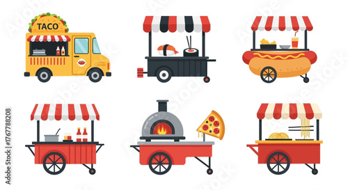 A diverse collection of colorful street food vendor carts and a truck.