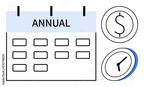 Annual calendar grid, dollar sign, and clock emphasize financial planning, savings, investment, time management, goal setting, scheduling, and efficient resource allocation in a simple flat metaphor