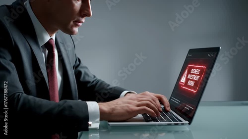 Concerned Businessman in Black Suit Typing on Laptop Displaying Red Error Message with Clean Lighting and Dark Background in Office
