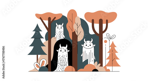 A Trio of Cute Cartoon Monsters in a Stylized Woodland.