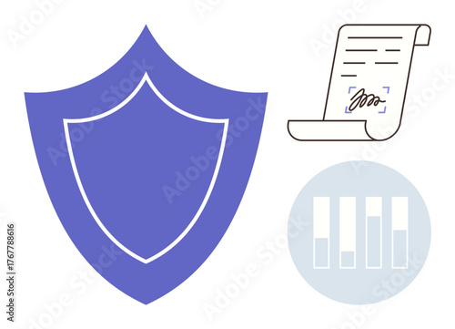 Blue shield, signed document, and bar chart symbolize protection, legality, and analytics. Ideal for security, privacy, contracts, data trust compliance simple flat metaphor