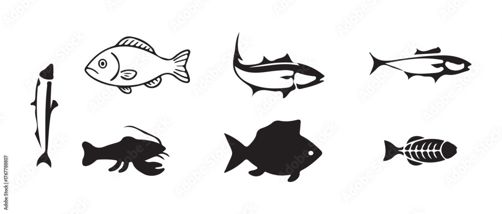 Naklejka premium Fish icon vector set , fisheries logo symbol, seafood symbol, graphic design of fish in ocean, vector illustration eps 10.
