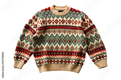 A classic and intricate fair isle sweater isolated on transparent background, perfect for adding a touch of heritage and warmth to any winter wardrobe, showcasing timeless design