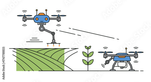 Agricultural drones with robotic arms for smart farming technology.