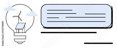 Light bulb enclosing wind turbine and solar panel, symbolizing clean energy. Ideal for sustainability, innovation, technology, environment, energy, green living renewable energy ideas. Minimal