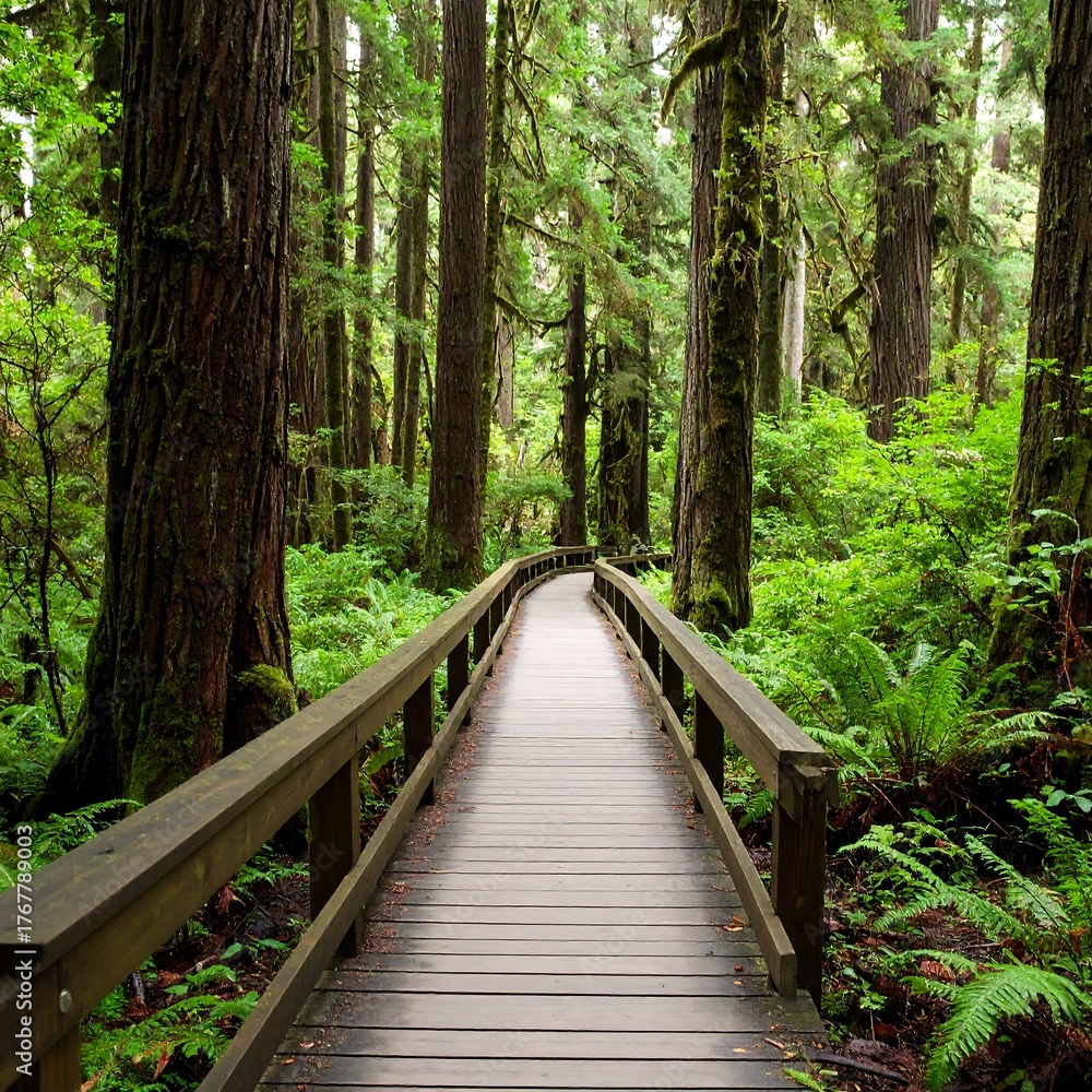 Obraz premium Wooden walkway through lush rainforest