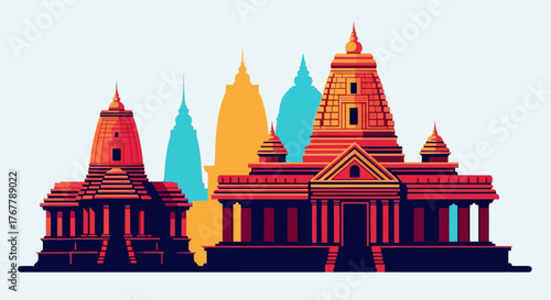 Ancient Indian Temples and Pagodas Vector Illustration.