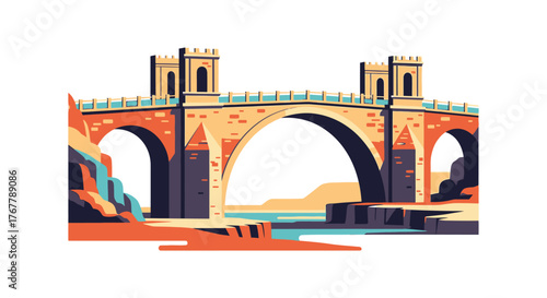 Ancient Stone Bridge with Arches and Towers Spanning a River.