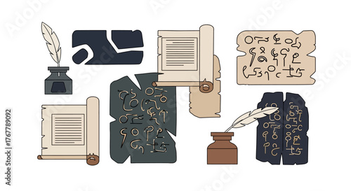 Ancient scrolls and writing tools for historical documentation.