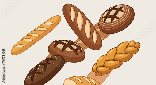 Assortment of freshly baked bread loaves and baguettes.