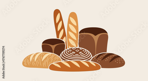 Assortment of freshly baked bread loaves and baguettes.