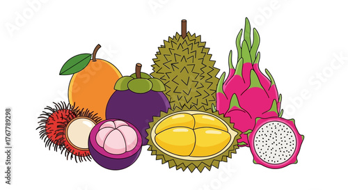 Assortment of Exotic Tropical Fruits - Durian, Dragon Fruit, Mangosteen, Rambutan, and Orange.