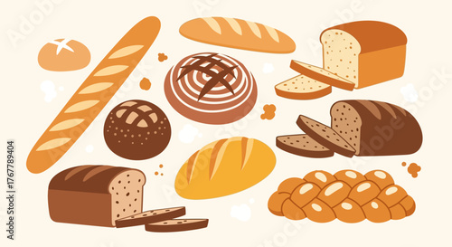 Assortment of various bakery bread products illustration set.
