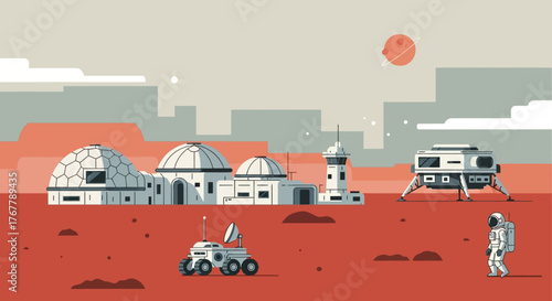 Astronaut exploring a futuristic Mars colony with domed habitats and a rover.