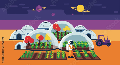 Astronaut farming in a futuristic space greenhouse on an alien planet.
