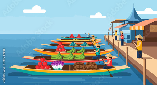 Boats laden with goods floating on the water near the pier.