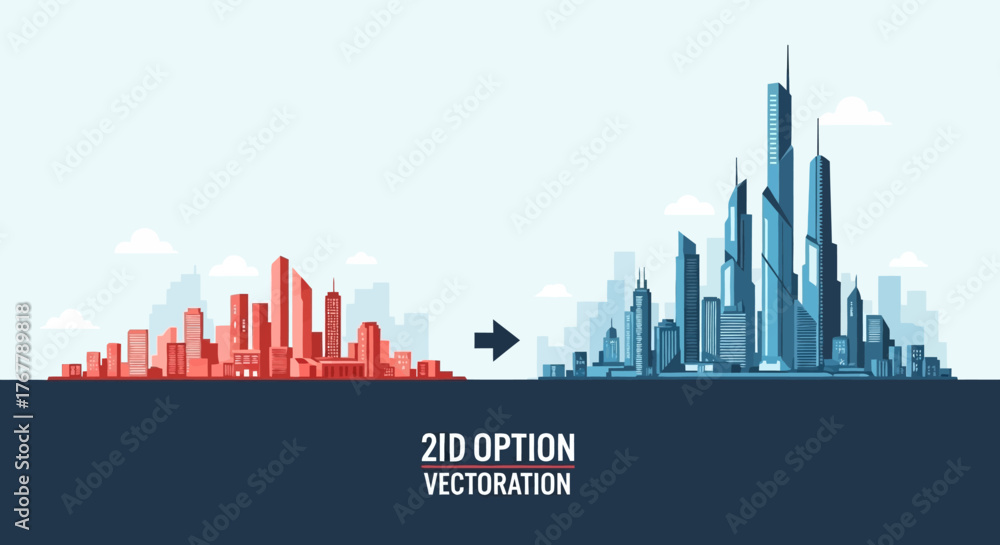 Naklejka premium Cityscape transformation from red to blue, urban development concept.