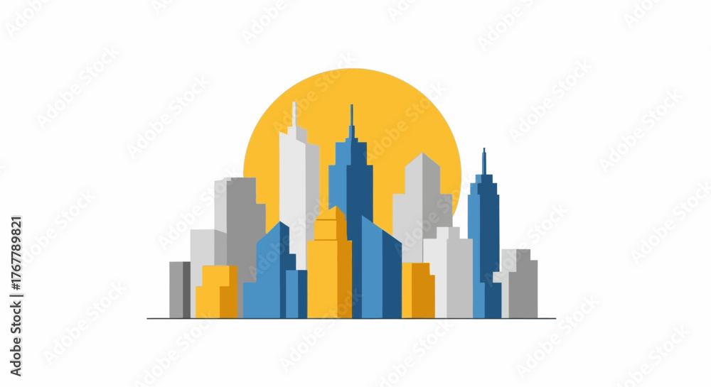 Fototapeta premium Cityscape skyline with skyscrapers and a bright yellow sun in the background.