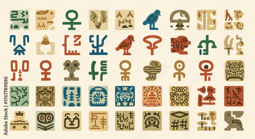 Obraz premium Collection of ancient Egyptian hieroglyphs and symbols.