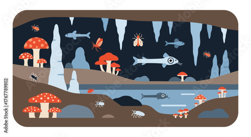 Cave ecosystem with blind fish and bioluminescent mushrooms.