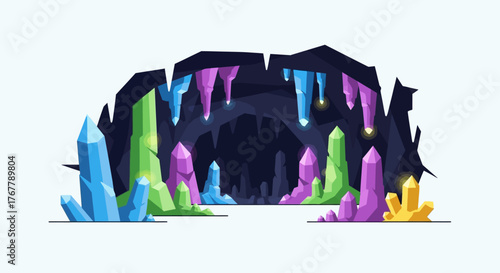 Cave of colorful crystals with various shapes and sizes, a beautiful sight.