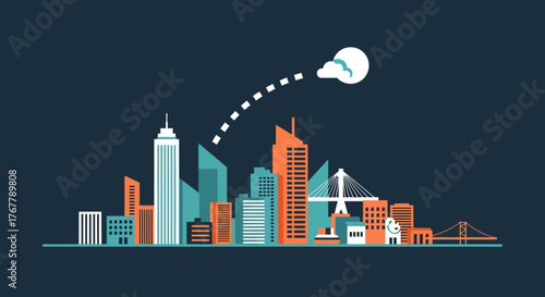 Cityscape illustration with modern buildings and a bridge under a cloudy sky.