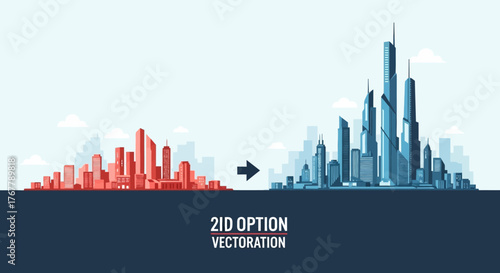 Cityscape transformation from red to blue, urban development concept.