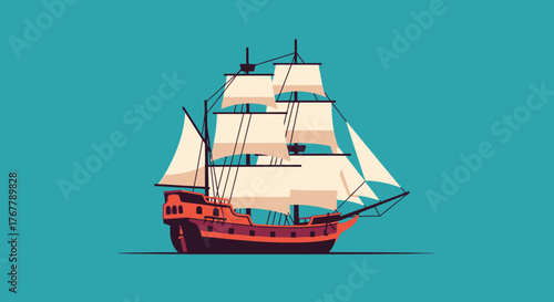 Classic wooden tall ship with full sails vector art.