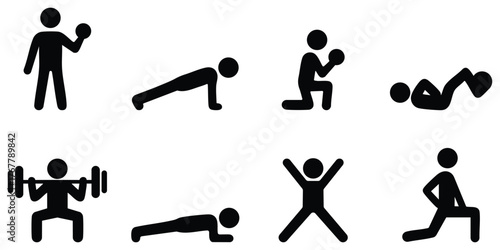 Stickman fitness exercise poses, Workout silhouette collection, Gym training stick figure icons