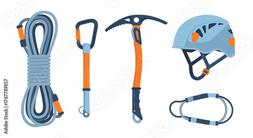 Climbing Gear - Rope, Carabiner, Ice Axe, Helmet, and Harness.