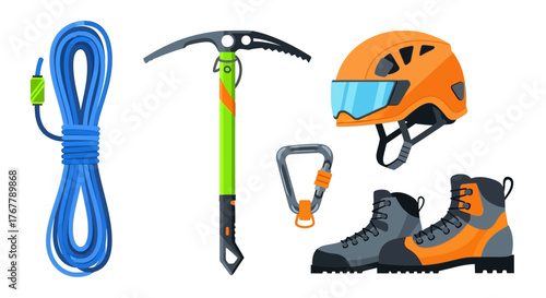 Climbing Gear - Rope, Ice Axe, Helmet, Carabiner, and Boots.