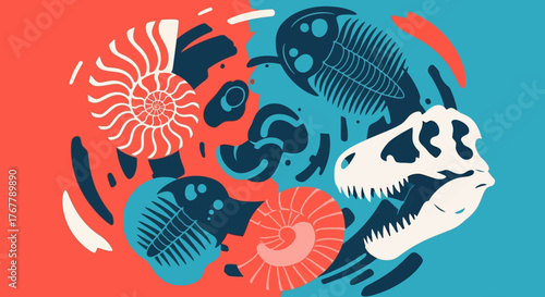 Collection of ancient fossils including dinosaur skull and trilobites.