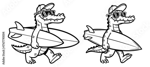 Two cool alligator mascots with sunglasses and surfboard walking