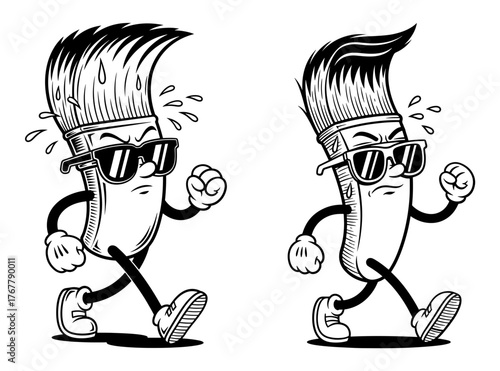 Two determined paintbrush mascots with sunglasses walking