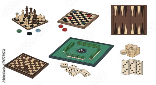 Collection of Classic Board Games and Dice for Leisure and Entertainment.