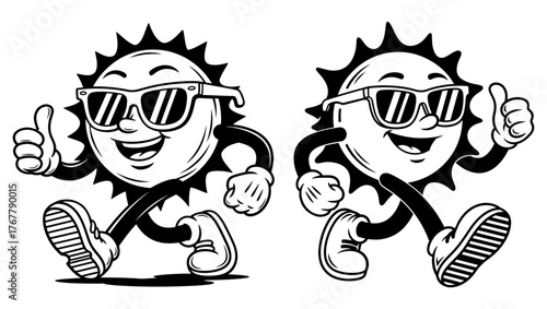 Two happy suns with sunglasses walking and giving thumbs up