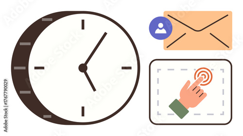 Clock emphasizing time, envelope highlighting communication, user icon for identity, hand tapping digital interface. Ideal for business planning, time tracking, digital workflow, email, task