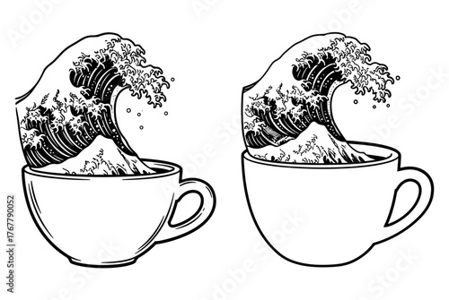 Two cups with wave, a unique and artistic representation of coffee and ocean