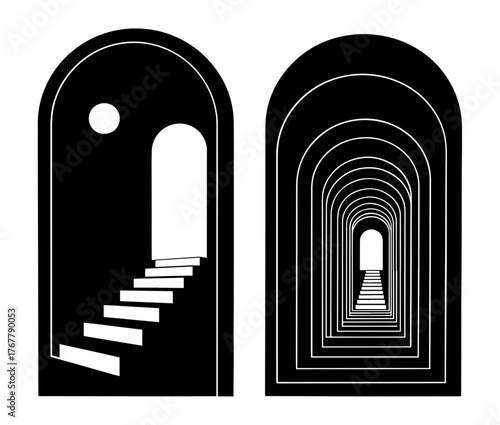 Two archways with stairs and tunnels, leading to a bright light