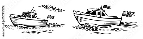 Two fishing boats on the water, showcasing different designs in a nautical scene