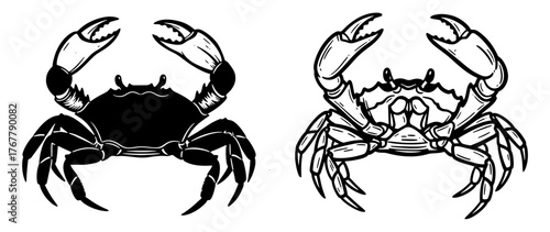 Two crab illustrations, one in silhouette, the other in detailed outline