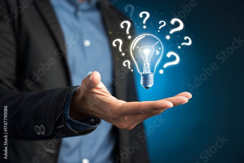 Businessman holding glowing lightbulb and question mark with copy space for creative thinking idea and problem solving concept.