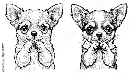 Two adorable chihuahua puppy portraits with expressive eyes, rendered in detailed line art