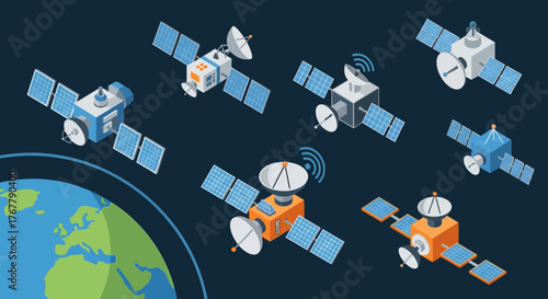 Collection of Communication Satellites Orbiting Earth.