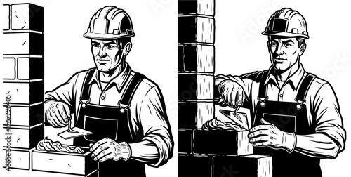 Two bricklayers are building a brick wall, wearing hard hats and overalls